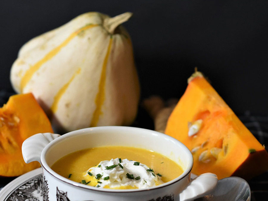 Cream of pumpkin soup with whipped fresh goat’s cheese